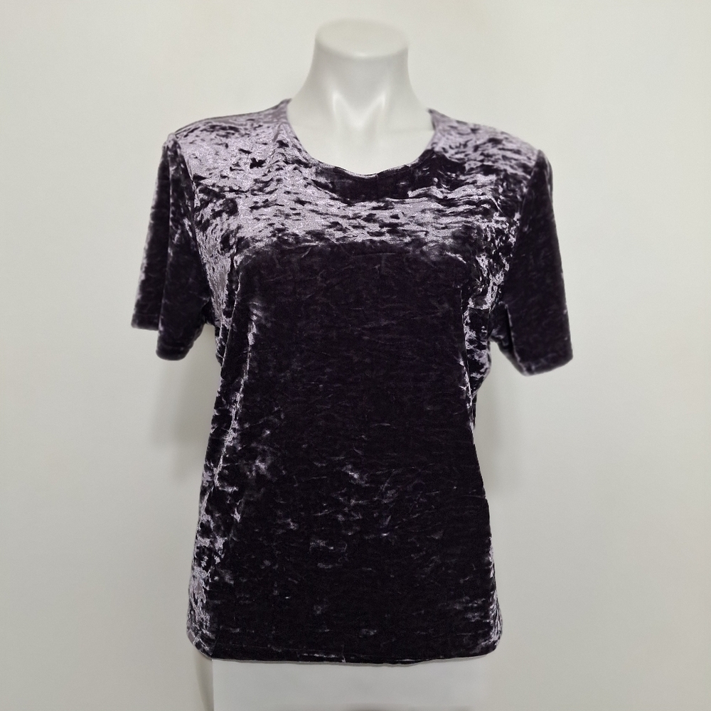 Hillard & Hanson Y2K Purple Crushed Velvet Whimsigoth Short Sleeve Blouse Size L